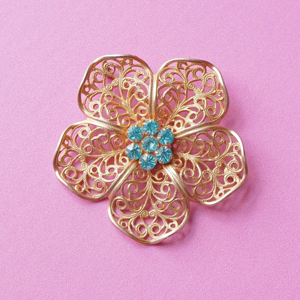 Mid-Century Gold Plated Filigree Flower Brooch with Baby Blue Rhinestones, 1950s